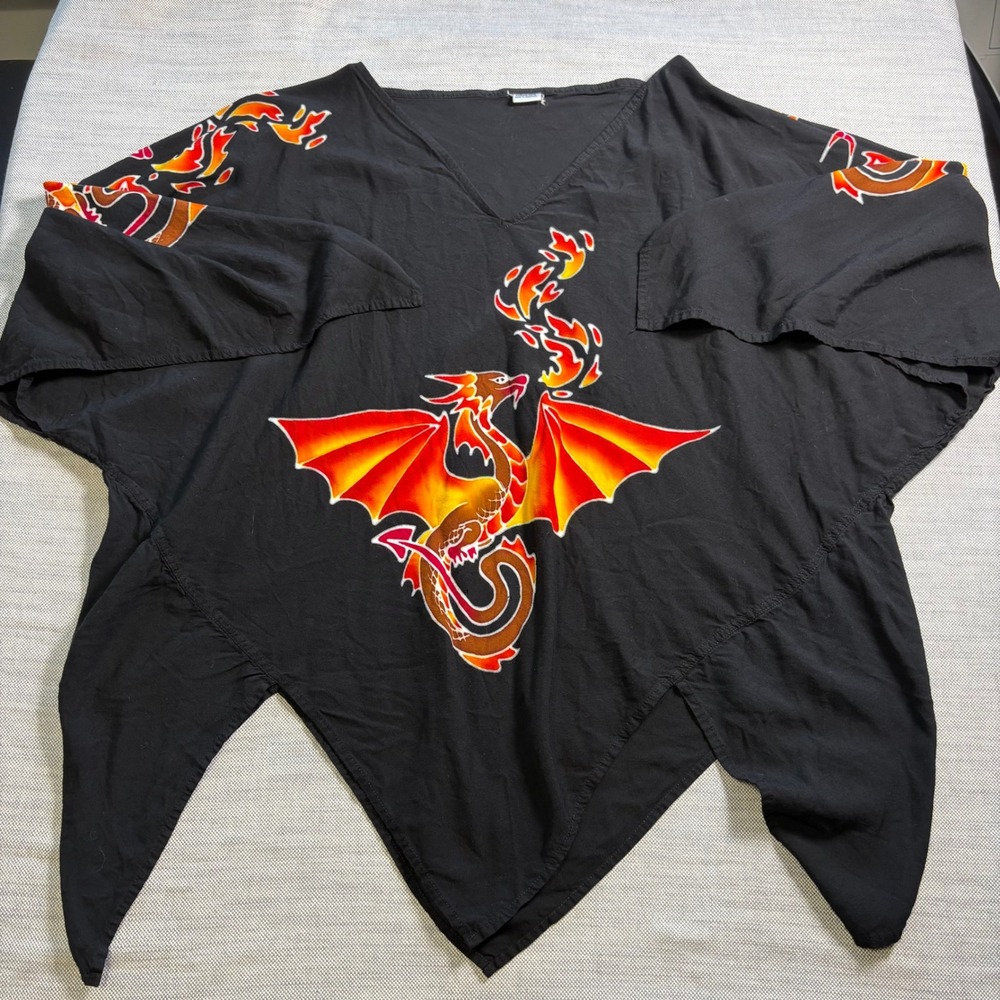 Karuna Arts Dragon Poncho Top OS Black Batik Fire Graphic Sharkbite Hem